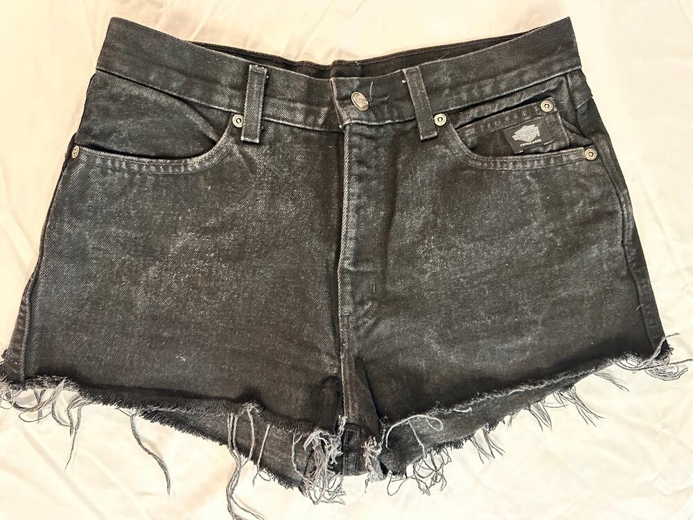 Harley-Davidson Black Denim Cutoff Shorts 30” Waist High Rise Distressed Biker